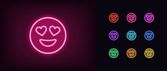 Poster - Outline neon love emoji icon. Glowing neon passionate emoticon with heart eyes, enamored face pictogram. Love feeling