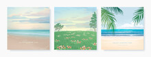 Set Of Vector Landscape Background. Beautiful Illustration Of Sandy Summer Beach And Green Field. Summer Holidays Poster Or Banner Design Template