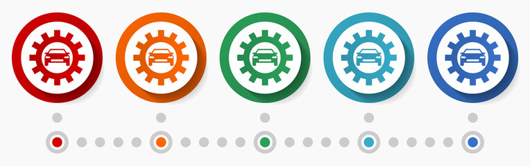 Aufkleber - Car service, diagnostics concept vector icon set, infographic template, flat design circle colorful web buttons in 5 color options