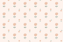 Seamless Pattern With Pink Circle Flowers On Pastel Peach Background. Boho And Simple Line Art Concept.
