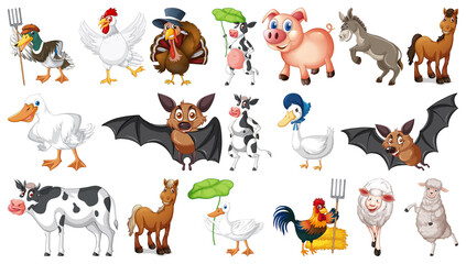 Wall Mural - Many farm animals on white background