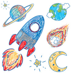 Wall Mural - Coloured hand drawn spaceship collection