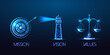 Futuristic mission, vision, values concept with glowing target, lighthouse and scales symbols