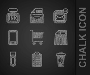Poster - Set Shopping cart, To do list or planning, Coffee cup to go, Paper shredder, USB flash drive, Mobile phone, Envelope and Inkwell icon. Vector