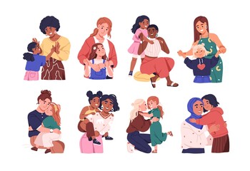 mothers and daughters set. happy moms and girls kids hugging, laughing, smiling together. love, frie
