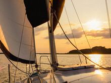 Sailing Yacht Bow In Sunset Light, Sailing On A Lake