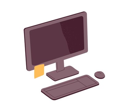 Sticky post note on desktop computer screen. Memo paper, reminder on office monitor. Blank yellow memory sticker, notice on PC. Flat vector illustration isolated on white background