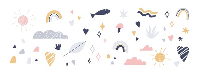 Aufkleber - Scandinavian design elements set. Abstract nursery bundle. Cute childish decoration in doodle Scandi style. Rainbow, sun, cloud, star and hearts. Flat vector illustration isolated on white background