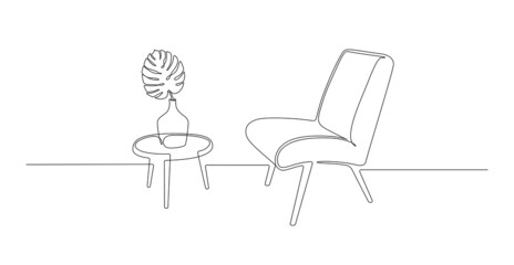 Wall Mural - Continuous one line drawing of armchair and table with vase with monstera leaf. Scandinavian stylish furniture for living room or loft hotel concept in simple linear style. Doodle vector illustration