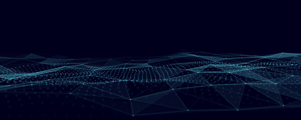 Poster - futuristic moving wave. digital background with moving glowing particles and lines. big data visuali