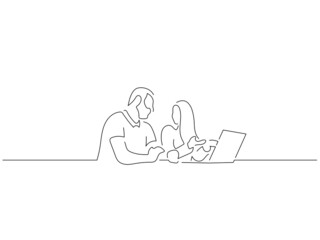 Young couple working with a laptop in line art drawing style. Composition of people using technology. Black linear sketch isolated on white background. Vector illustration design.