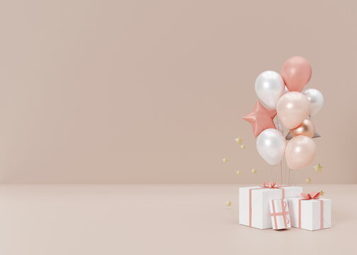Balloons and presents on cream background. Free, copy space for text or other design objects. Template for birthday, celebration, event card. Mothers Day, Womens Day. 3d rendering.