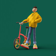 Casual Kawaii Funny Brunette Guy Wears Yellow Hoodie, Blue Jeans, White Sneakers Stands Near His Folding Red Bicycle, Alloy Wheels. Minimal Style. Healthy Active Lifestyle. 3d Render On Green Backdrop