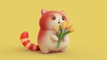 Kawaii Cute Fat Red Cat With Open Mouth, Big Orange Eyes, Striped Tail Holding Bouquet Of Yellow Tulips In Its Paws Congratulates You On March 8. Hello Spring Happy Holiday. 3d Render In Minimal Style