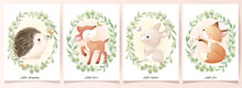 Cute Doodle Animals With Floral Set Illustration
