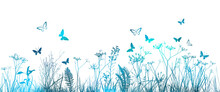 Blue Grass With Butterflies. Vector Illustration. Abstract Colorful Floral Vector Background