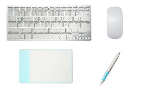 graphic tablet pen mouse and keyboard siolated on white top view.