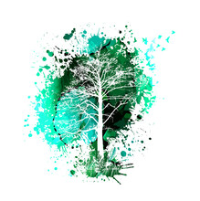 Silhouette Of A Tree On A Background Of Green Blots. Vector Illustration