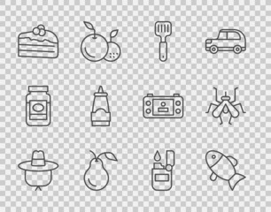 Sticker - Set line Camping hat, Fish, Spatula, Pear, Piece of cake, Sauce bottle, Lighter and Mosquito icon. Vector