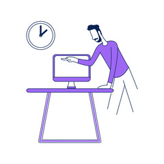 Poster - Bearded man pointing with finger at monitor semi flat color vector character. Posing figure. Full body person on white. Simple cartoon style illustration for web graphic design and animation