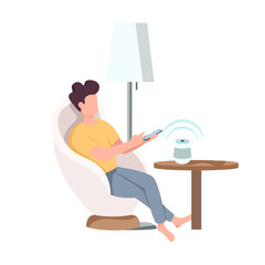 Poster - Man in armchair using wireless cell phone charger semi flat color vector character. Posing figure. Full body person on white. Simple cartoon style illustration for web graphic design and animation