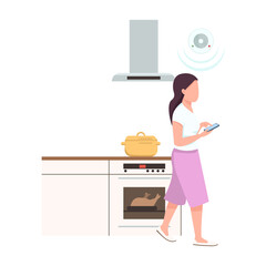 Poster - Girl using smartphone at kitchen semi flat color vector character. Posing figure. Smart home device. Full body person on white. Simple cartoon style illustration for web graphic design and animation