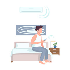 Poster - Man connecting smartphone to air conditioner semi flat color vector character. Posing figure. Full body person on white. Simple cartoon style illustration for web graphic design and animation