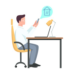 Poster - Man monitoring home remotely semi flat color vector character. Posing figure. Full body person on white. Smart home system. Simple cartoon style illustration for web graphic design and animation