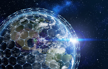 Wall Mural - global network connection. earth in open space and digital web, illustration