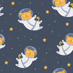 Wall Mural - Seamless vector pattern. Cat astronaut flying in space, smiling moon, stars, space. Cute children's print. 