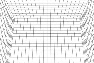Wall Mural - 3d digital white and black three points perspective grid room. empty indoor studio frame blueprint. 