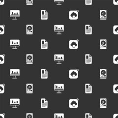 Poster - Set Cloud technology data transfer, Hard disk drive HDD, Monitor with graph chart and File document on seamless pattern. Vector