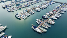 Aerial View Yacht Marina In Yacht Club  Aerial Luxury Boats And Yachts In Achor Park, Luxury Many Line Of Row Yachts At  Achor Park Or Marina Ocean
