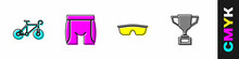 Set Bicycle, Cycling Shorts, Sport Cycling Sunglasses And Award Cup With Bicycle Icon. Vector
