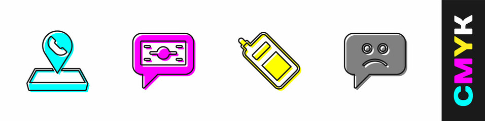 Poster - Set Call center location, Stacks paper money cash, Mobile phone and Sad smile icon. Vector