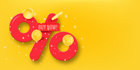 Poster - Shopping special offer label with percentage sign. 3d vector banner with copy space for a text