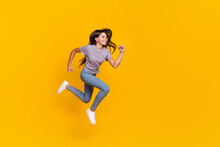 Full Size Profile Side Photo Of Young Girl Jump Runner Motion Rush Speed Look Empty Space Isolated Over Yellow Color Background