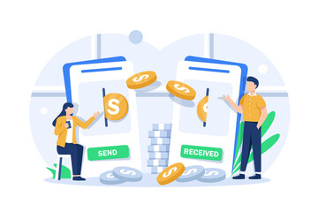 Poster - Money transfer and transaction concept,Happy young people sending and receiving cash