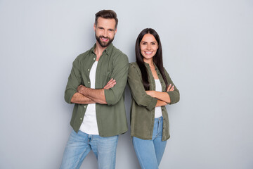 Sticker - Photo of young lovely couple good mood folded hands bonding wear casual clothes isolated over grey color background