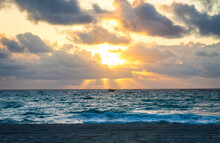 Boat Silhouette Tropical Sunrise In Hollywood Florida Beach