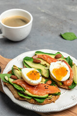 Wall Mural - Ketogenic diet breakfast. Toast salmon, avocado, cheese, egg, spinach, nuts and coffee, Healthy fats, clean eating for weight loss. vertical image. top view. place for text