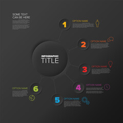 Dark Infochart schema diagram with six options steps items