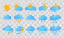 Weather Symbols Vector Set. Weather Forecast Design Elements. Sunny, Rainy, Windy, Cloudy Or Snowy Day Forecast.