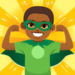 Little cute boy dressed like superhero kid with big green cape and shirt. Vector illustration.