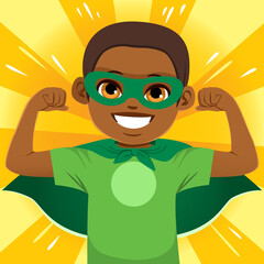 Little cute boy dressed like superhero kid with big green cape and shirt. Vector illustration.