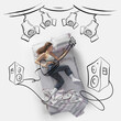 Creative image. Top view of young woman lying on bed, sleeping, dreaming about beign rock musician, playing on stage
