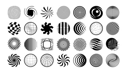 Wall Mural - Set of spherical geometric objects. Round distorted, retracted and swollen mesh and funnel shapes. Hypnotic line figures. Vector illustration