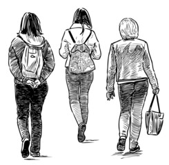 Wall Mural - Sketches of various casual towns women walking outdoors