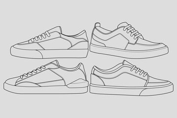 set of outline Cool Sneakers. Shoes sneaker outline drawing vector, Sneakers drawn in a sketch style, sneaker trainers template outline, Set Collection. vector Illustration.
