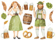 Watercolor Oktoberfest set with illustration of woman and man in green traditional costumes with festival food and beer